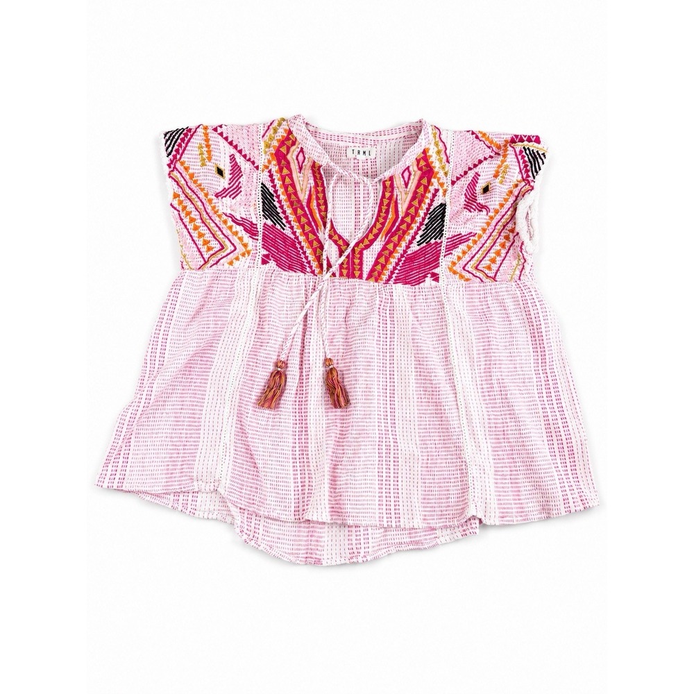 THML Embroidered Tassel Boho Peplum Top Pink Orange Geometric Blouse M